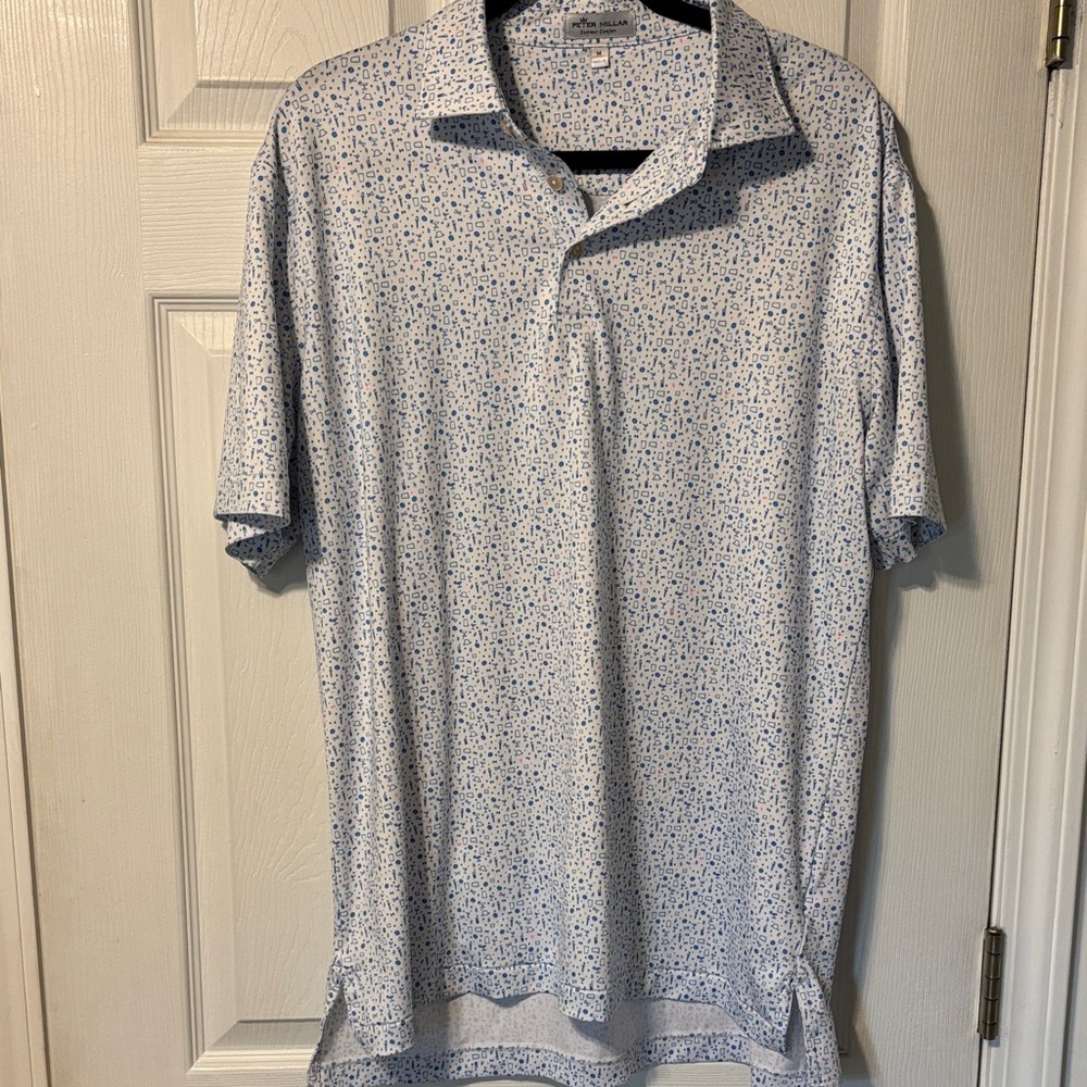 Peter Millar White and Blue Patterned Polo Shirt Medium